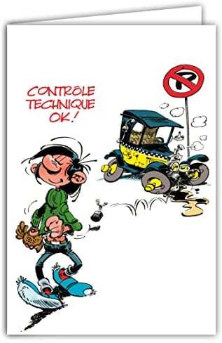 Afie GLCT-0244 Gaston Lagaffe Glückwunschkarte zum Geburtstag, 1 Jahr mehr, Auto Fiat 509, Humor, Format geschlossen 17 x 11,5 cm, mit illustriertem Umschlag – hergestellt in Frankreich