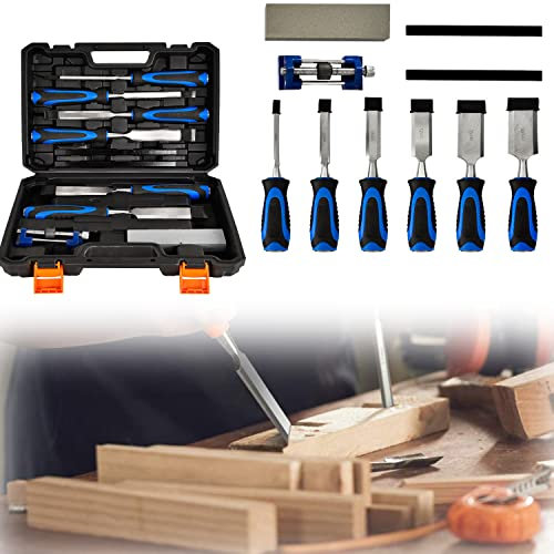 Wood Carving Chisel Set, 6pc CRV Steel Bevel Chisels with Non-Slip Handles(6/13/19/25/32/38mm), Honing Guide, Sharpening Stone, Carpenter Pencils, Carry Case for DIY, Carpentry, Trimming The Edges