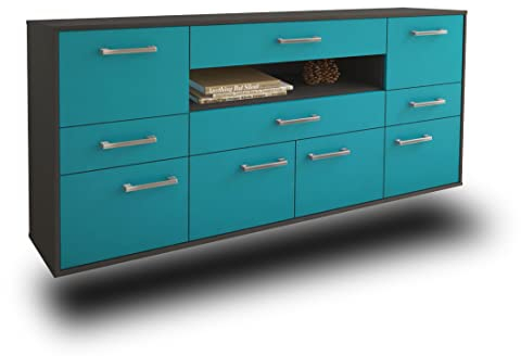 Lqliving Kommode Sideboard Coral Springs, Korpus in anthrazit matt, Front im trendigem Türkis (180x77x35cm), inkl. Metall Griffen, Wandmontage, Made in Germany