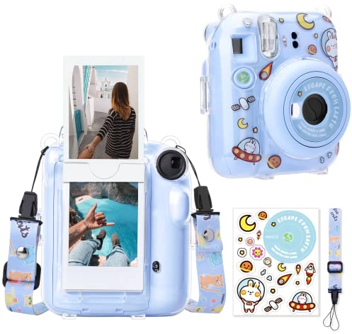 MUZIRI KINOKOO Tasche Kompatibel für Instax Mini 12 Sofortbildkamera, Hart PVC Schutzhülle für Mini 12 mit Fotos Tasche zum Speichern von 10 Fotos bis mit Schultergurt für Kamera Aufkleber - Blau