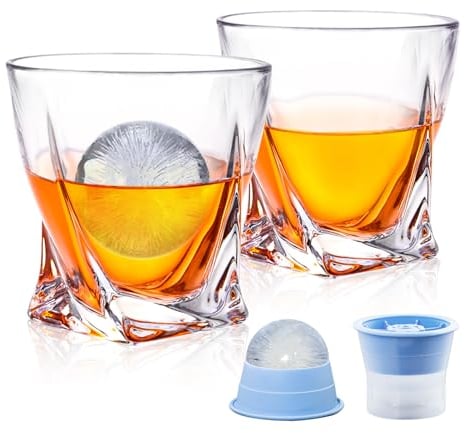 veecom Whisky Gläser, 300ml Whiskey Gläser 2er Set mit 2 Eiskugelformen, Rum Gläser Bleifrei Kristallgläser, Old Fashioned Tumbler Glas für Gin, Whiskeyglas Geschenkset für Männer, Papa