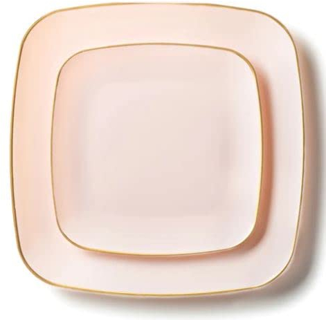 Decorline - Ensemble Vaisselles d'assiettes Plastique réutilisables de 32 pièces/Pour 16 Personnes - Classic Square - Rose/Or - Assiettes Dîner & Entrée Dessert - 2 tailles (16x25cm & 16x18cm)
