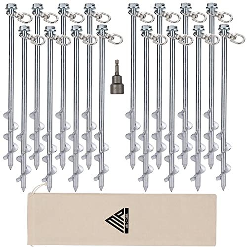 Ground Anchors Screw in - 12 Inch Set of 16 - Tent Stakes Heavy Duty - Trampoline Anchor Kit - Earth Anchor - Swing Set Anchors for Metal Swing Set - Trampoline Stakes Anchors High Wind