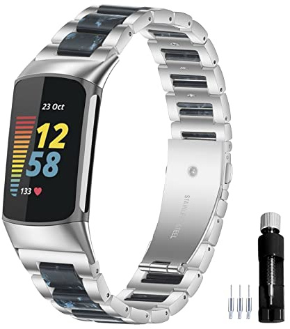 Gheper Harz Edelstahl Armband Kompatibel mit Fitbit Charge 6 / Charge 5 Smartwatch Armbändern Ersatz Metallarmband für Damen und Herren