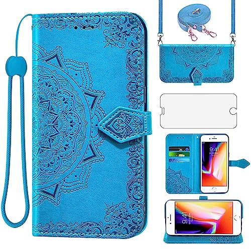 Asuwish Handyhülle für iPhone 7/8/SE 2020 2022 Hülle mit Band und Glas Folie Schutzfolie Kartenfach Klappbar Leder Geldbörse Ständer i SE2020 SE2022 2/2nd 3/3rd Generation 7s 8s 6SE SE2 SE3 Case Blau