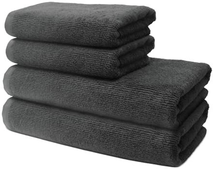 4 er Set Handtücher | 2 Badetücher 70x140 cm + 2 Handtücher 50x100 cm | Frottee Weich & Flauschig | 100% Baumwolle | Frottier Duschtuch Badetuch Badehandtuch | 500g/m² | Oeko-Tex | Ôhm | Dunkelgrau