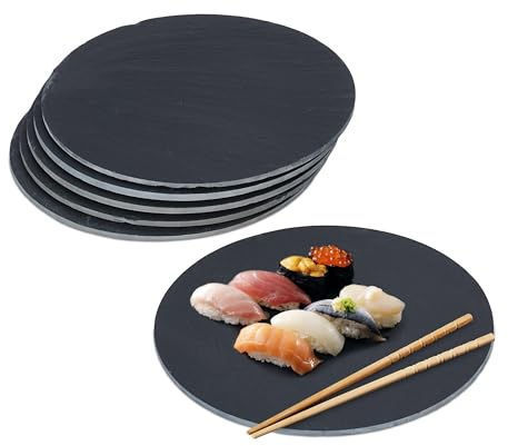 Relaxdays Set de 6 Posavasos de Pizarra, Bandeja Redonda, Tabla Quesos, Sushi, Embutido, Postres, 25 cm Diámetro, Negro