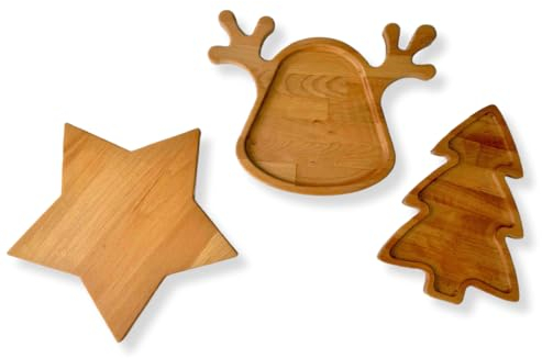 Set Tris con Vassoio Tagliere Albero di Natale + Vassoio Stella + Tagliere Renna, Natalizi, Taglieri in Legno di Faggio, Unici al Mondo, Made in Italy