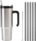 Moollyfox Mug Isotherme avec Poignée Couvercle Brosse et 5 Pailles Tasse à Café Acier Inoxydable sans BPA Double Isolée Gobelet Isotherme pour Eau, Café, Smoothie et Boissons Argent 30oz/890ml