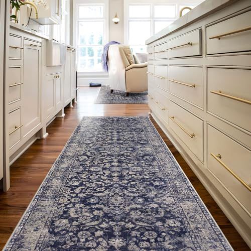 TALETA Teppich Läufer Flur rutschfest waschbar, Küchenläufer bunter Küchenteppich Vintage, Teppich Läufer für Küche, Terrasse, Treppen, Flur, Gang, blau, 80 x 300 cm