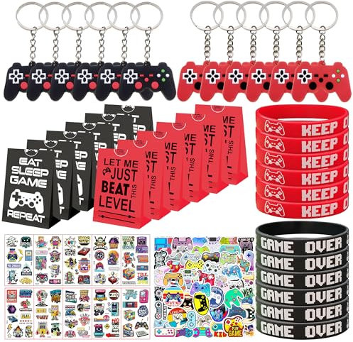 FSADASY Gaming Party Bag Fillers for Kids, 96pcs Video Game Party Favors with Game Sticker Keychain Silicone Bracelet Game Party Supplies Goodie Bag Fillers for Game Birthday Party