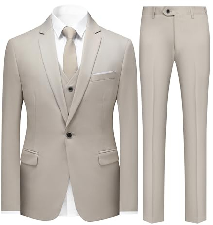 Sliktaa Men Three Piece Tuxedo Suit One Button Wedding Formal Set,Beige,M
