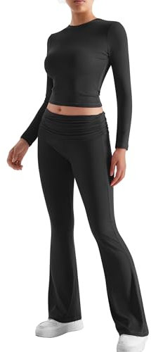DOULAFASS Lounge Set Damen Langarm Crop Top und Umklappbare Yoga-Schlaghose Zweiteiler Freizeitanzug Fitness Outfit