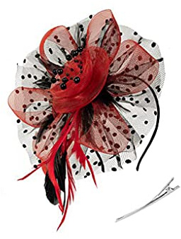 tuwiwol Vintage Frauen Plume Fascinator Retro Stil Schleier Hut Stirnband Clip Kopfschmuck Haarnadel Kopfbedeckung für Hochzeitsfeier, Schwarz+rot
