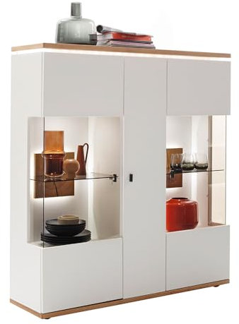 Lomadox Highboard Vitrinenschrank mit Beleuchtung, weiß mit Eiche, MULLINGAR-05 | montiert