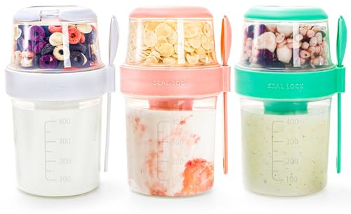Kingrol 3 Pack 550ml Overnight Oats Containers to Go, 300ml Yogurt Parfait Cup with Lid, Spoon, and Topping - Reusable and Leak-Proof for Breakfast Cereal Fruit Vegetable Salad Snack