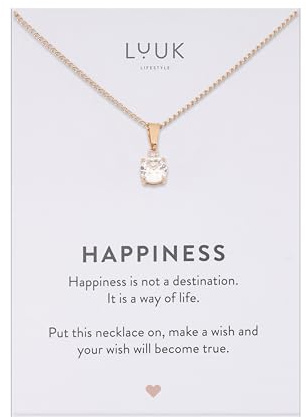 LUUK LIFESTYLE Collier avec pendentif différent en acier inoxydable étanche (50 cm), carte HAPPINESS, porte bonheur, bijoux minimalistes, idée cadeau femme, anniversaire, Noël, Argent, Doré y Rose