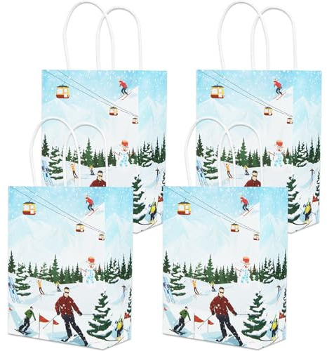 Kreatwow 16pcs Sports Party Bags Skiing Birthday Decorations Winter Ski Party Supplies Skier Snowflake Gift Treat Goody Bags Winter Sports Birthday Supplies Ice Skating Favor