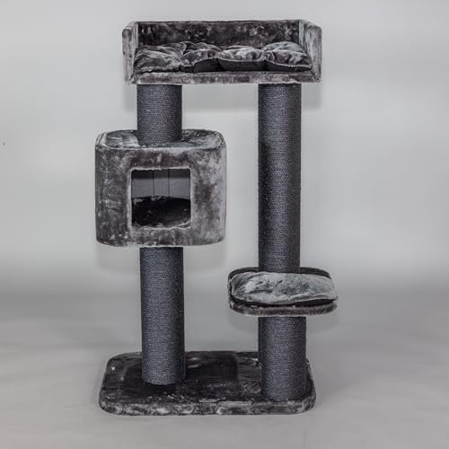 RHRQuality Cat Tree for Large Cats - Devon Rex – 120 cm High – With 15 cm Sisal Posts & Playhouse – Blackline Dark Gray
