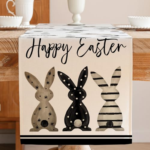 Jayusaror Ostern Tischläufer DREI Häschen Frühling Schwarz Saisonnal Waschbarer Modern Kleine Tischdecke Tisch Läufer für Kaffee Esszimmer Kommode Beistelltisch Schlafzimmer Party Deko 33 x 183 cm