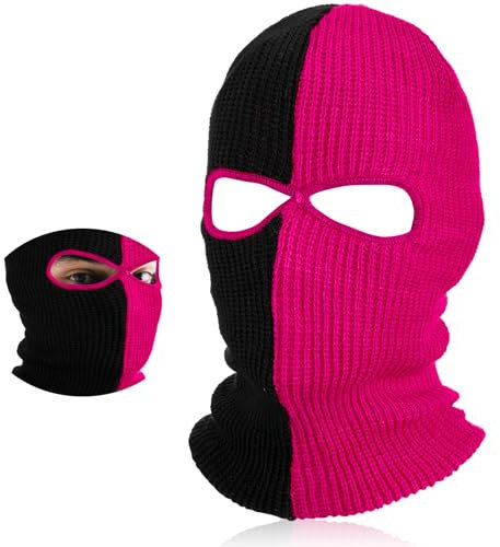 BBTO Gestrickte Skimaske Winter Sturmmaske Ski Sturmhaube mit 2 Löchern Ski Gesichtsabdeckung für Draußen Radfahren Snowboarden für Radfahren Motorradfahren(Rosenrot und Schwarz,Klassischer Stil)