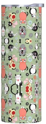 Sin accesorios - Taza de acero inoxidable con tapa con diseño de gatos de dibujos animados, ideal para cafetería, oficina, coche, deportes, botella de agua aislada