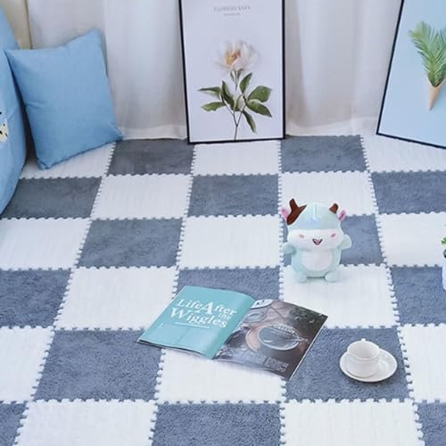 KUANGGE ineinander greifender Teppich, 10 Stück ineinander greifende quadratische Bodenmatte aus Plüschschaum, rutschfeste Teppichfliesen, leicht zu reinigen, Plüsch-Patchwork-Teppich-Klettermatte (