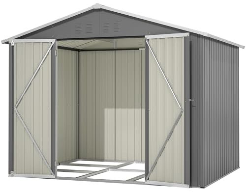 Thanaddo Metall Gerätehaus Geräteschuppen Garten Schuppen Inkl. Metallfundament (ohne Boden) mit Pultdach, Geräteschrank für Garten (Grau 8x10)