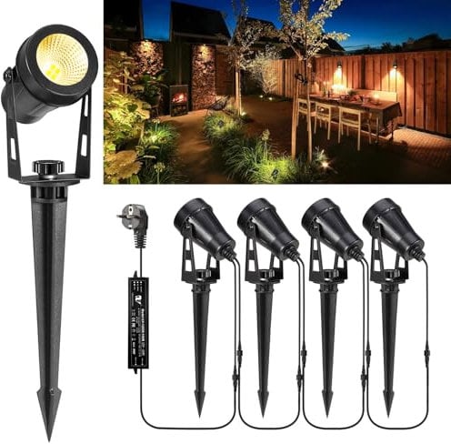 Greenclick Gartenbeleuchtung LED, 15m 4er Gartenstrahler mit Strom Erdspieß, 12V 3W 1200lm Gartenleuchte, IP65 Wasserdicht Warmweiß Gartenlampe für Außen Garten Rasen Weg Teich Yard Zaun