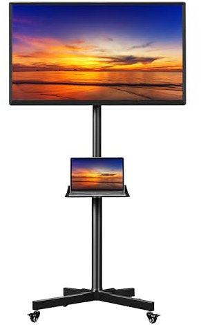 Yaheetech Rolling TV Stands for 23-60 inch Screen Adjustable Floor TV Cart with Lockable Wheels, Portable Mobile TV Stand with Storage Shelf, Outdoor TV Cart, MAX VESA 400X400mm, Black
