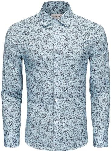 fohemr Mens Floral Shirt Casual Button Down Long Sleeve Flower Printed Shirt 100% Cotton Blue Large