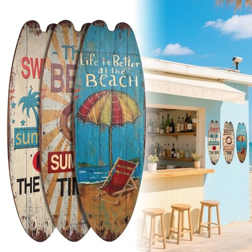 3 Stück Surfbrett Deko, Wanddeko Outdoor, 45 cm Holz Surfboard Decoration für Wand Deko Terrassen Outdoor, Tropische Bars, Pool Deko, Sommer Beach Party Maritim Dekorationen