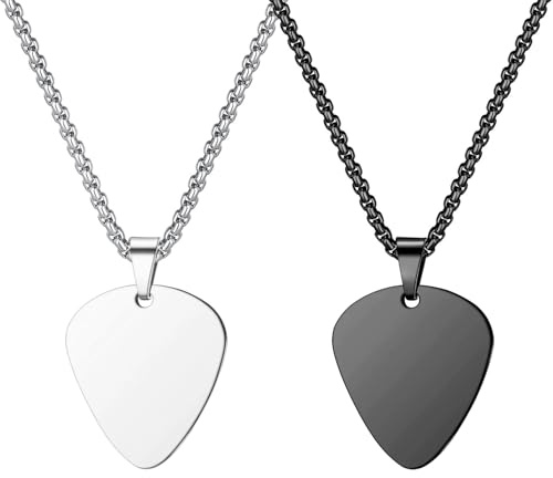 Liitata 2 Stück Gitarre Plektron Anhänger Halskette Edelstahl Guitar Plektrum Anhänger Kette Rock Punk Hip Hop Halsketten für Männer Frauen - Silber Schwarz