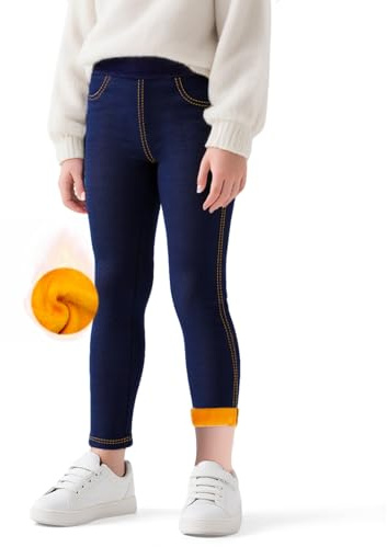 Baogaier Thermo Leggings Mädchen Jeans-Optik Gefütterte Thermoleggings | mit Fleece, Kinder Winter Warme Lang Hosen, mit Taschen, Skinny Jeggings, Thermohose Winterleggins, 4-12 Jahre, Gr.110-158