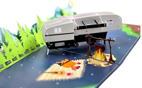 Pop-Up Grußkarte Wohnwagen Camping 3D Klappkarte | Für Camper & Outdoor-Fans, Handgemacht, Mit Lagerfeuer Szene