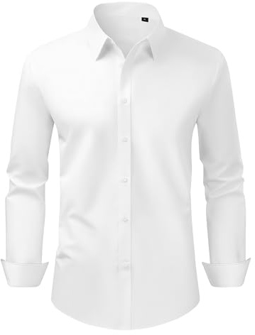 VEVOR Men's Long Sleeve Wrinkle-Free Button Down Dress Shirts, Slim Fit Soft Stretch Fabric for Business Casual or Formal, Work, Wedding, Dinner, White