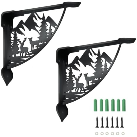 SUPERDANT 2 Stück 17.2x21 cm Wald und Hirsch Design Regalträger aus Eisen Dekorative Schwerlastregal Konsolen in Schwarz mit Schrauben für Bücherregal Kamin Haushaltsgeschenk