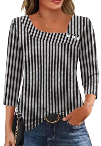 Kistore Womens 3/4 Sleeve Tops Asymmetrical Neck Tunic Shirts S-2XL | Summer Tops for Women UK,Boho Tops for Women,Tops for Women Trendy 2026,Business Casual Outfits