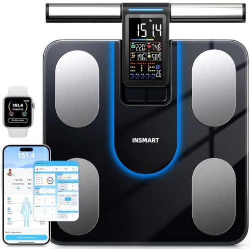INSMART Intelligente Waage für Körpergewicht, großes Display, Körperfettwaage, hochgenaue Bluetooth-Badezimmerwaage für BMI-Herzfrequenz, Körperzusammensetzungsanalysator mit