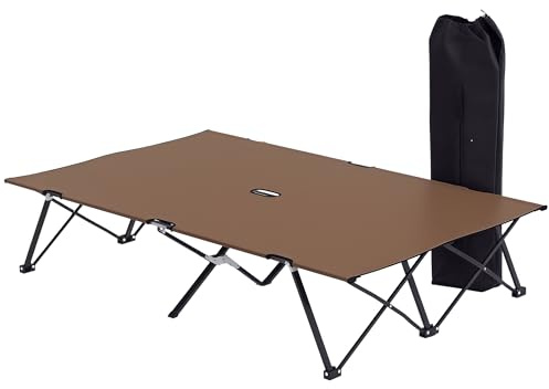 Outsunny Double Camping Bed Foldable Cot Sunbed w/Carry Bag Khaki | Outdoor Patio Sleeping Bed, Super Light