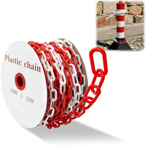 Absperrkette Rot Weiß Kunststoff 50m - 6 mm Stärke Kette für Barrieren | Leichte Warnkette für Auffahrten, Arbeitsplätze und Garagen, gut sichtbar und einfach zu montieren