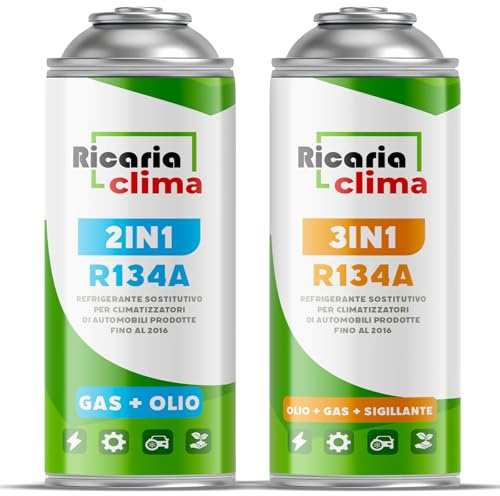 Ricaria Clima - Kit con 1 x Gas de Recambio sustituto R134a y 1 x refrigerante 3 en 1 para Aire Acondicionado con aditivo sellador y Aceite – para vehículos – 2 x 235 g