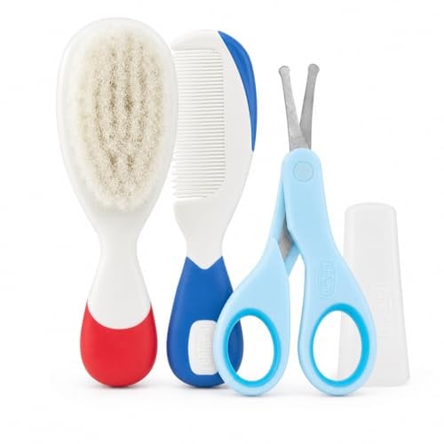Chicco Set Igiene Neonato, Forbicine in Acciaio Inox con Cappuccio Protettivo, Spazzola e Pettine con Impugnatura Antiscivolo, 0+ Mesi