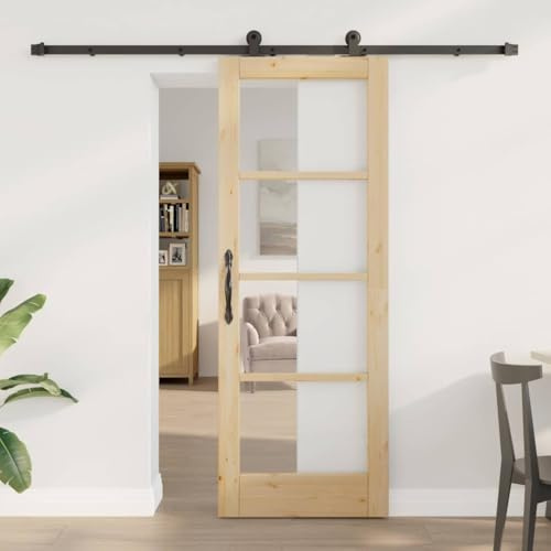 Porta scorrevole in legno di pino e vetro, 73,5 x 198,5 cm, colore naturale