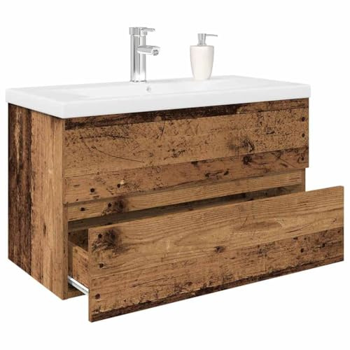 Caltucah Vanity Unit with Built-in Basin and Tap, Reclaimed Wood Composite, 80 x 38.5 x 45 cm, Pop Up Drain with Overflow, Drawer for Bathroom Storage Space