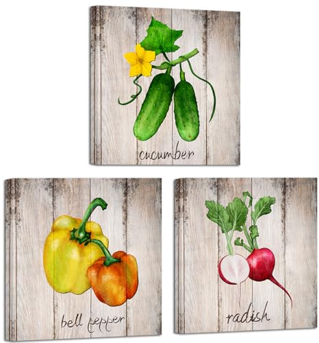 iHAPPYWALL 3 Stück Küchen-Wanddekoration Kunstdrucke Glocke Pfeffer Rettich Gurke Bunte Gemüse Lebensmittel Botanische Bilder auf Leinwand gespannt und gerahmt für Zuhause moderne Dekoration