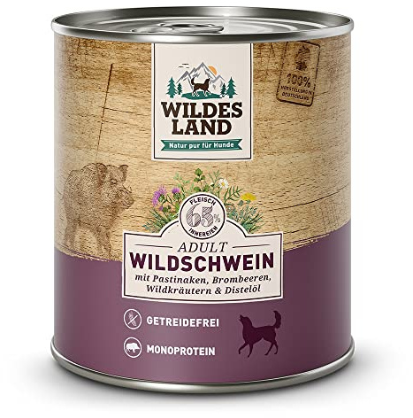 WILDES LAND – Wild | Nassfutter mit extra hohem Fleischanteil und natürlichen Zutaten für ausgewachsene Hunde. Alleinfutter ohne Zusatzstoffe in der Dose | 24x800g Wild