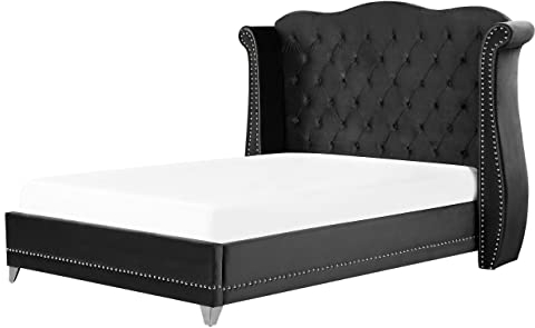 Bett Samtstoff im Chesterfield Stil hohes Kopfteil schwarz 160 x 200 cm Ayette