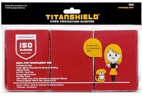 TitanShield (150 Sleeves/Red) Small Japanese Sized Trading Card Sleeves Deck Protector for Yu-Gi-Oh, Cardfight!! Vanguard & More