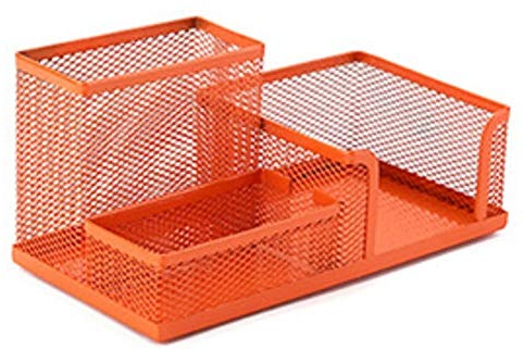 FülleMore Metall Tischorganizer Stiftehalter Stifteköcher Schreibtisch Aufbewahrungskorb mit 3 Fächern Büroablage für Büro Zuhause Studenten 20.5x10.5x9.5cm (Orange)